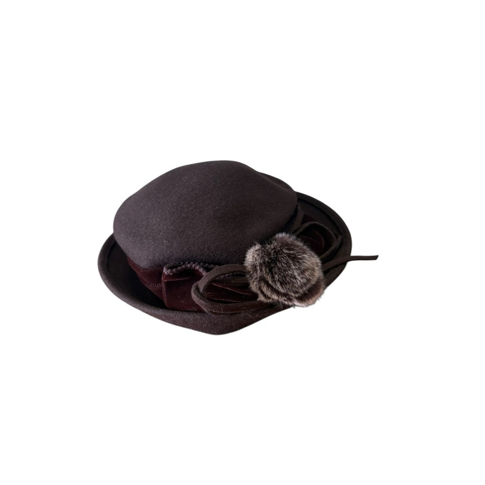 Galliano Sorbatti 100% Wool Hat Women's One Size Faux Fur Italy Brown - Picture 6 of 9